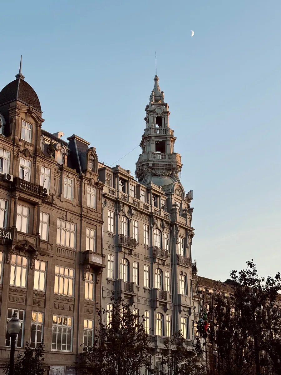 Ornate building at dusk, Porto